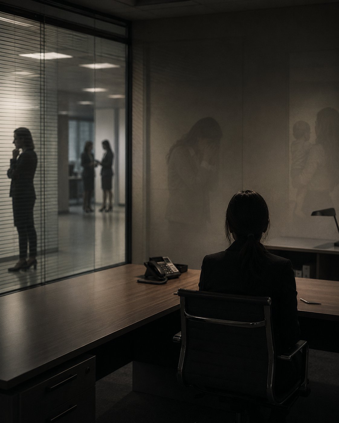 Mulher de costas em escritório corporativo, refletindo isolamento e pressão no ambiente de trabalho